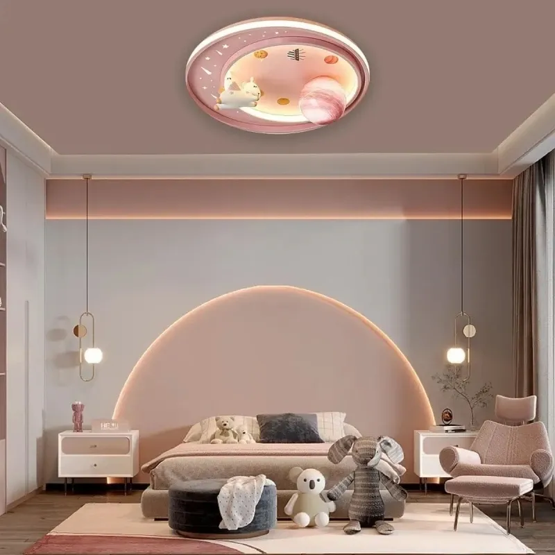 מנורת תקרה אסטרונאוט כוכבים ורודה לחדר ילדים