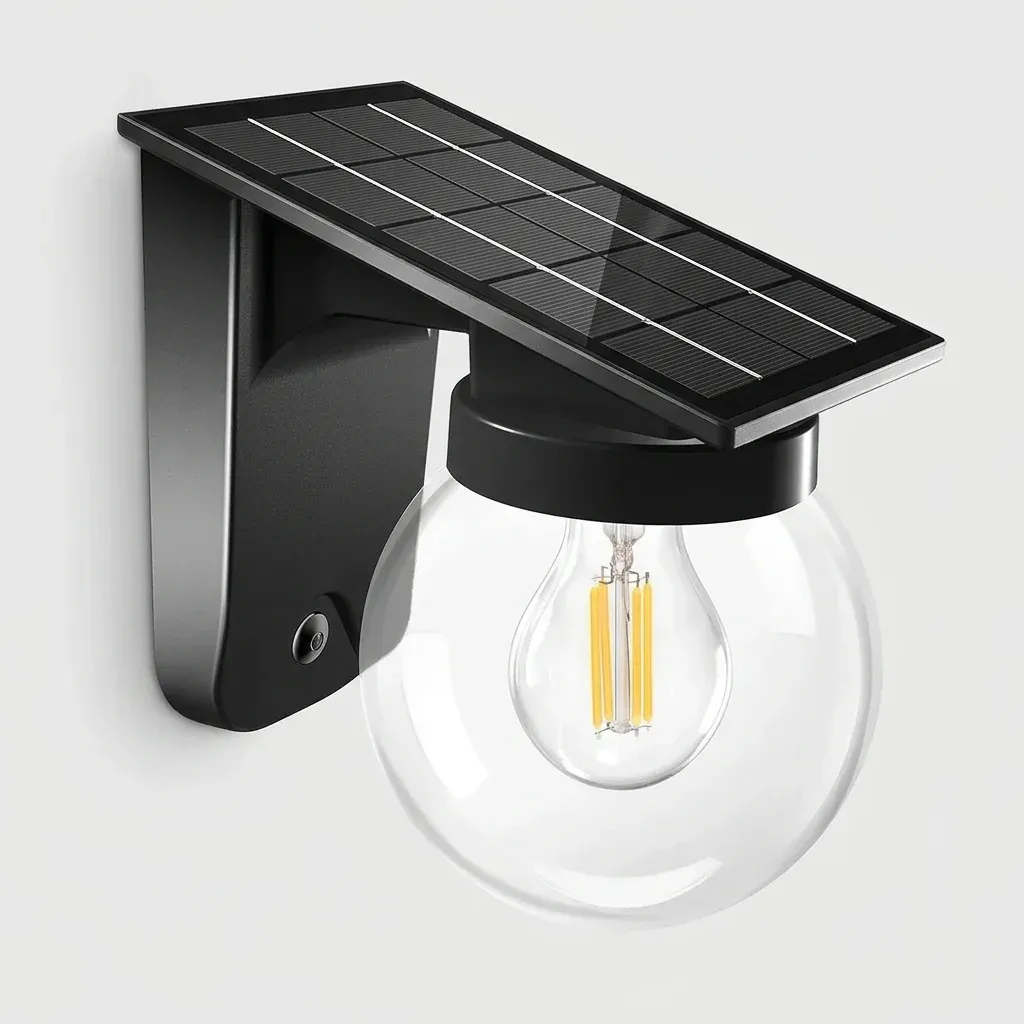 מנורת קיר סולארית שחורה עם נורה שקופה