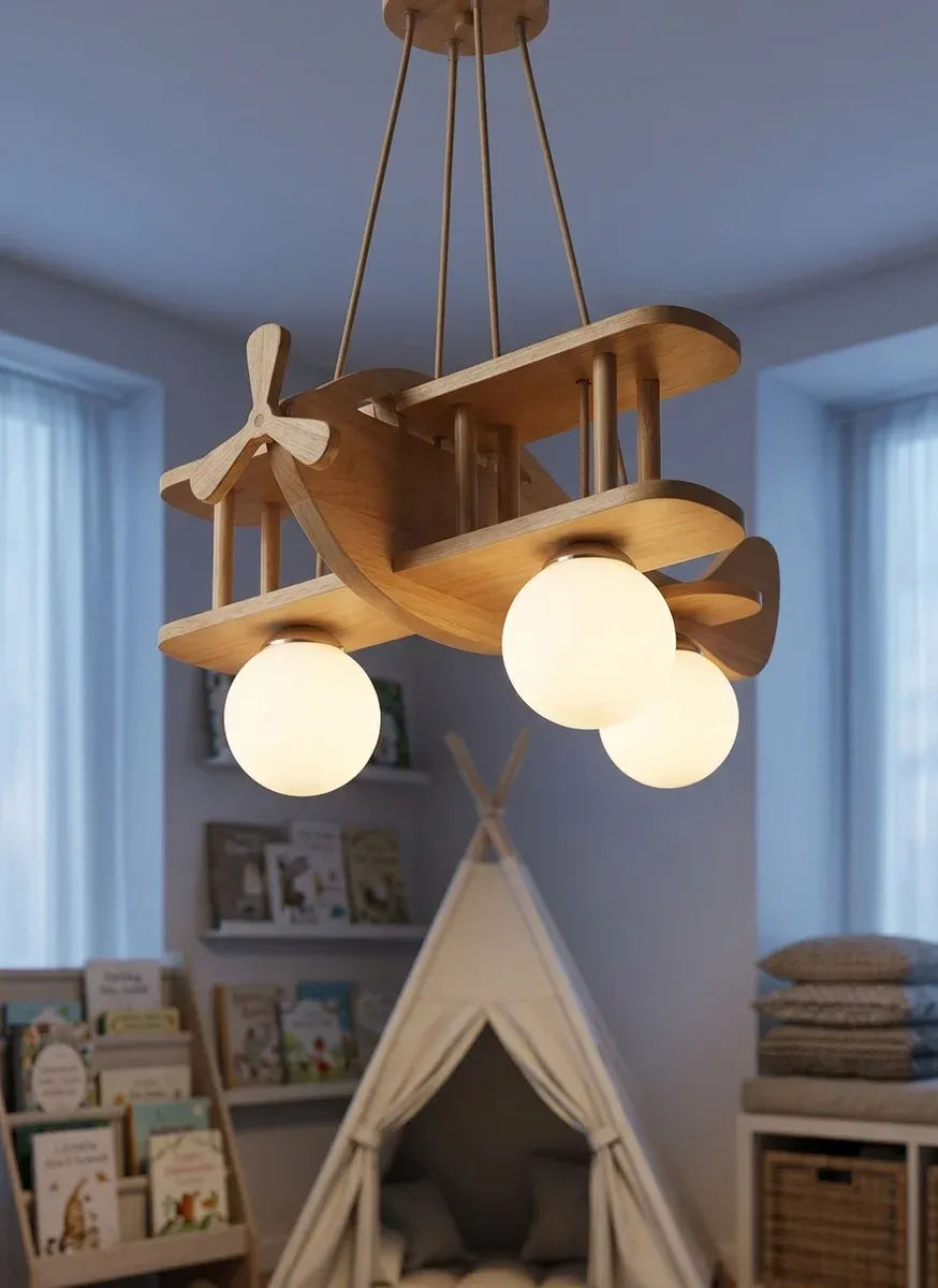 מנורת תלייה מטוס עץ בחדר ילדים