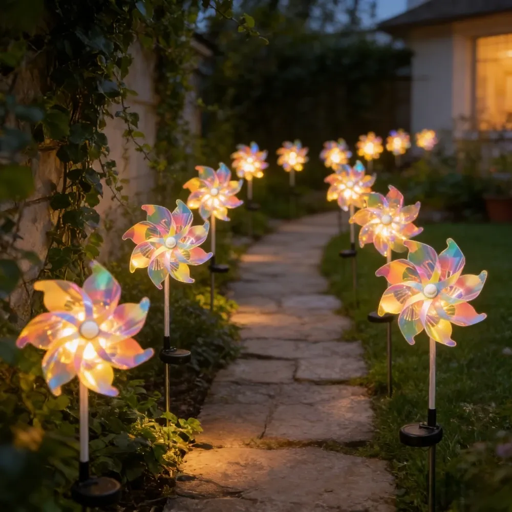 זוג יתדות רוח סולאריות צבעוניות לגינה