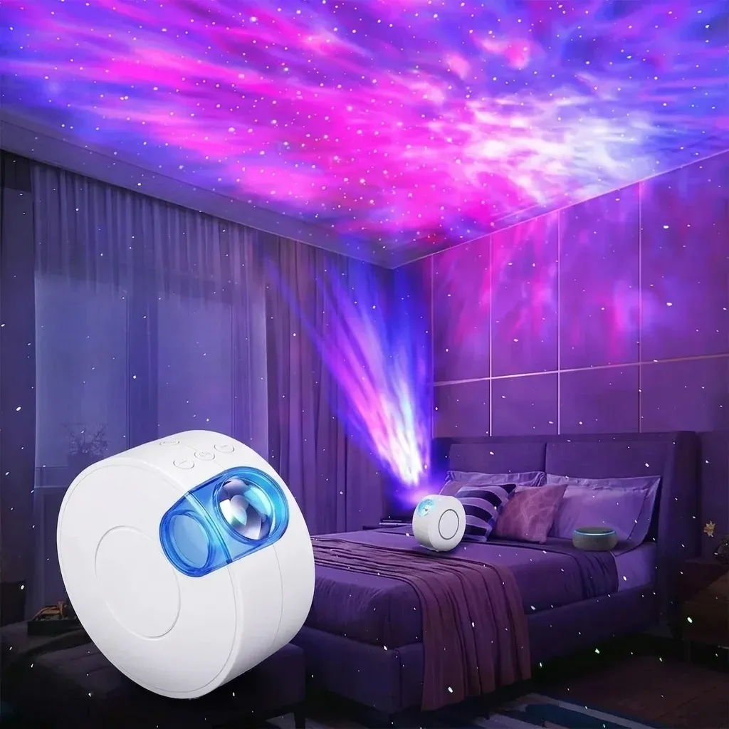 מקרן גלקסיה חכם לבן עם עדשה כחולה