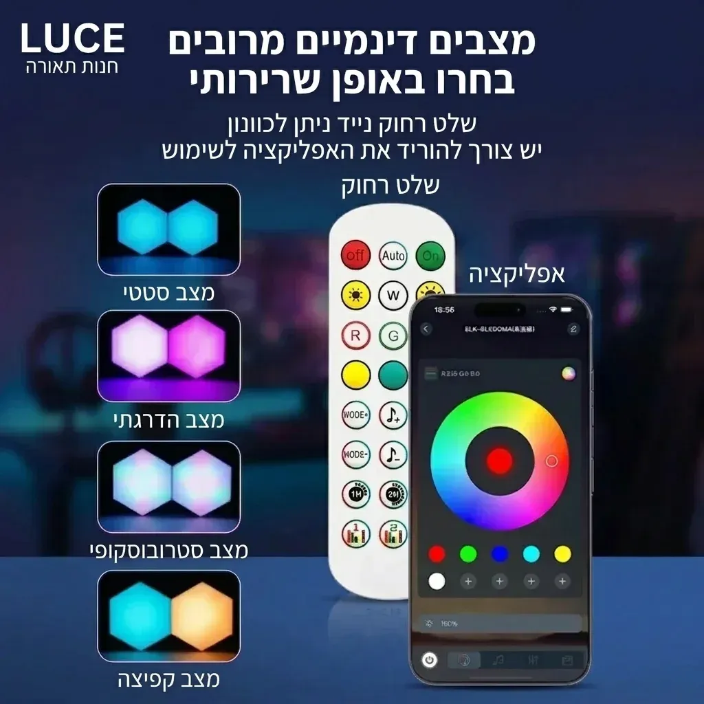 פאנל קיר משושה חכם RGB עם שלט
