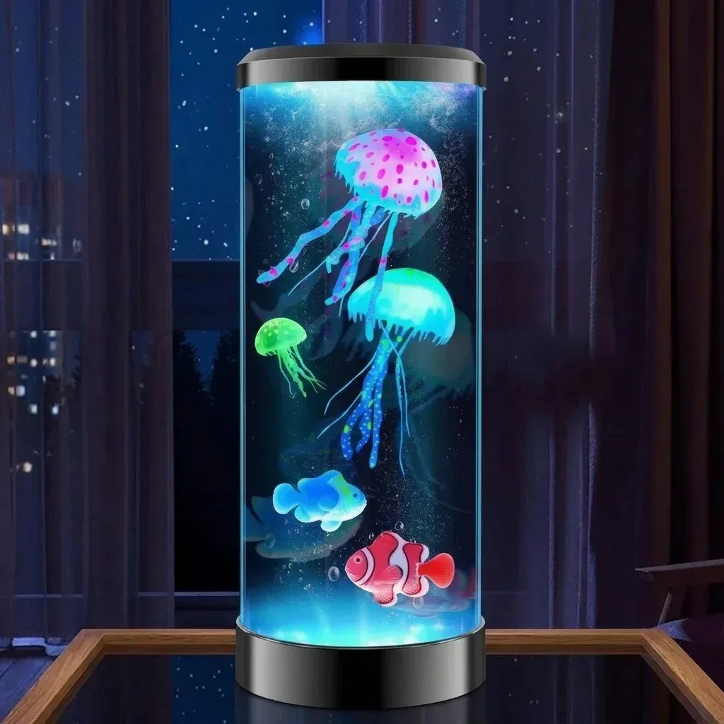 מנורת מדוזה צבעונית שקופה עם בסיס שחור