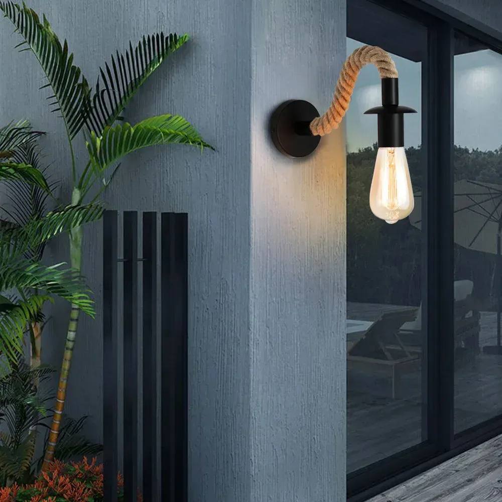 מנורת קיר חבל קנבוס תעשייתית עם בית נורה E27