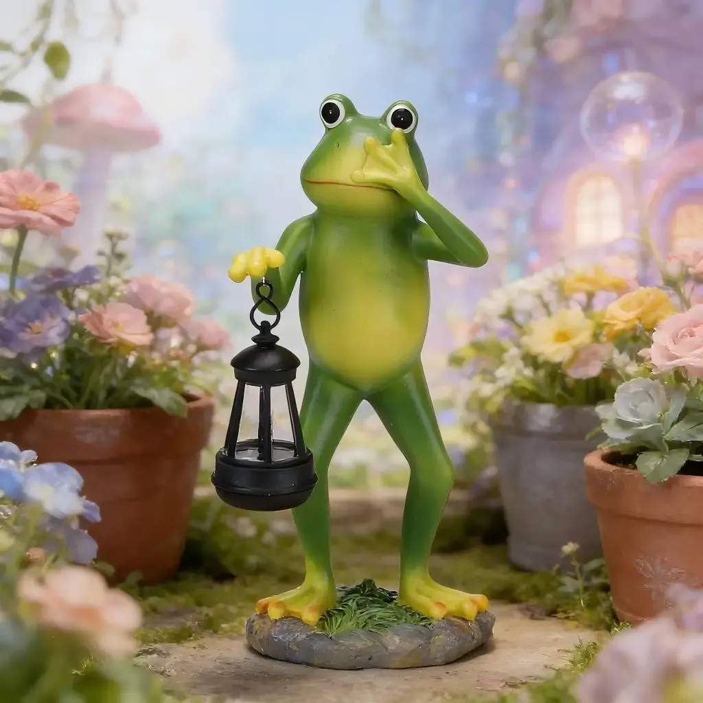 פסל צפרדע סולארי עם פנס לגינה