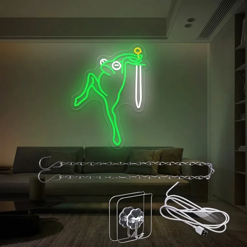 שלט ניאון צפרדע ירוק עם חרב