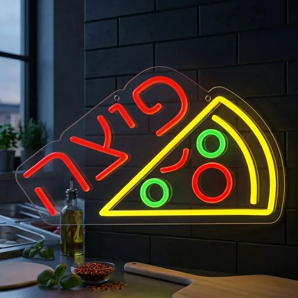 שלט ניאון פיצה אדום וצהוב