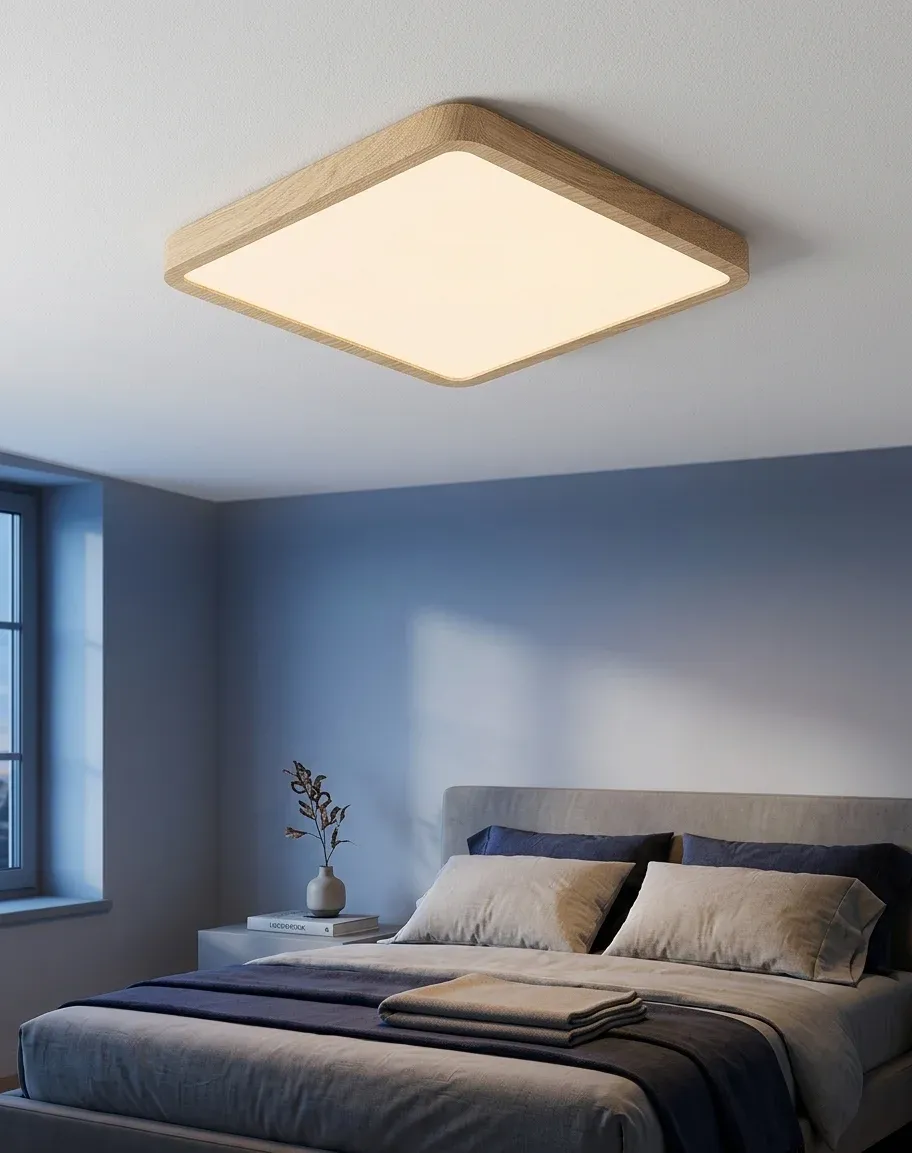 מנורת תקרה חכמה מרובעת דמוי עץ בחדר שינה