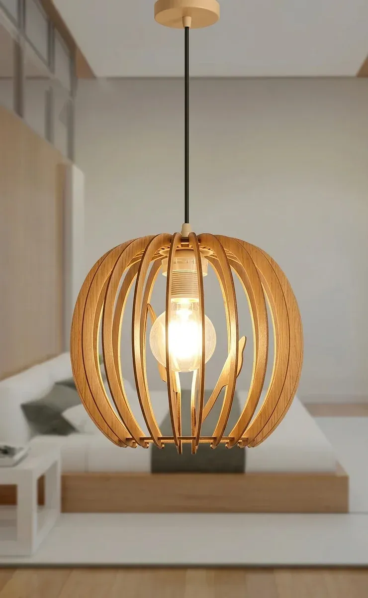 מנורת תלייה כדורית מעץ עם נורה