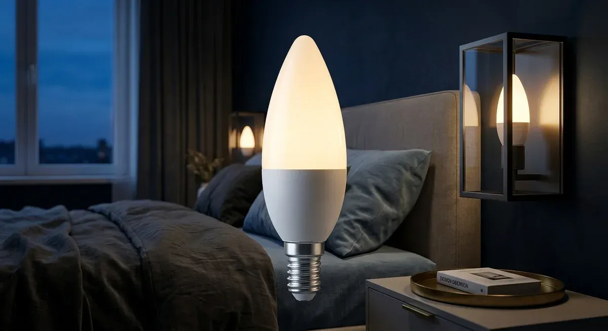 נורת נר חכמה E14 בגוף תאורה ליד מיטה