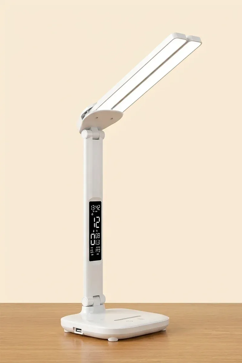 מנורת שולחן מתקפלת לבנה עם שעון