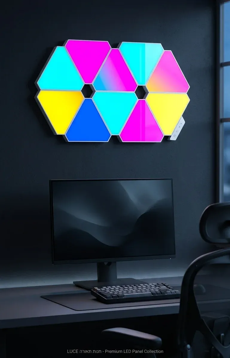 מנורת לד משולשת חכמה מעל שולחן גיימינג