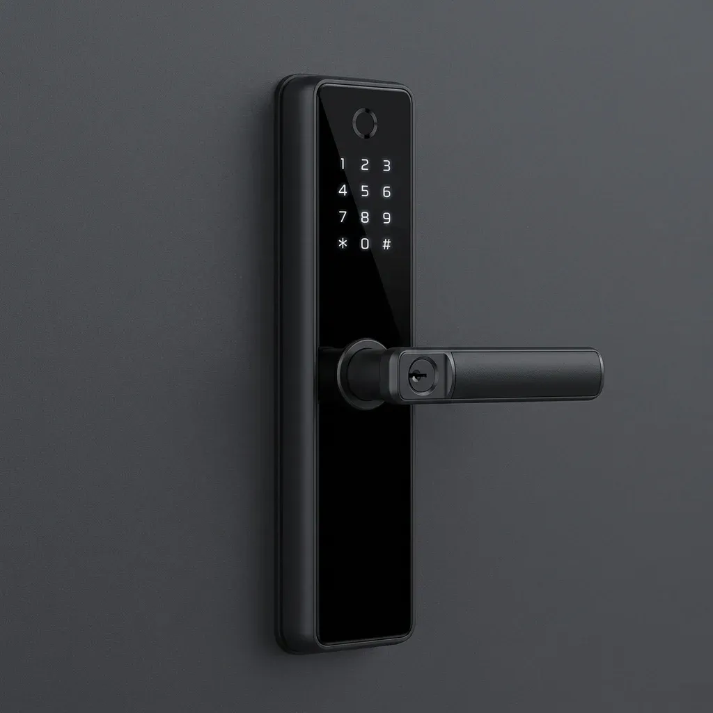 מנעול דלת חכם שחור עם ידית