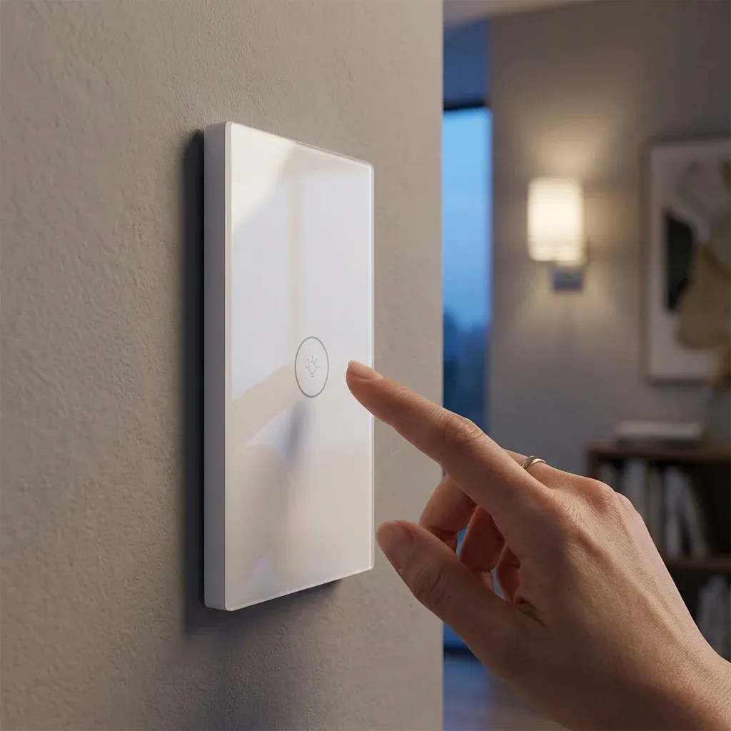 מתג מגע חכם לבן על קיר מודרני