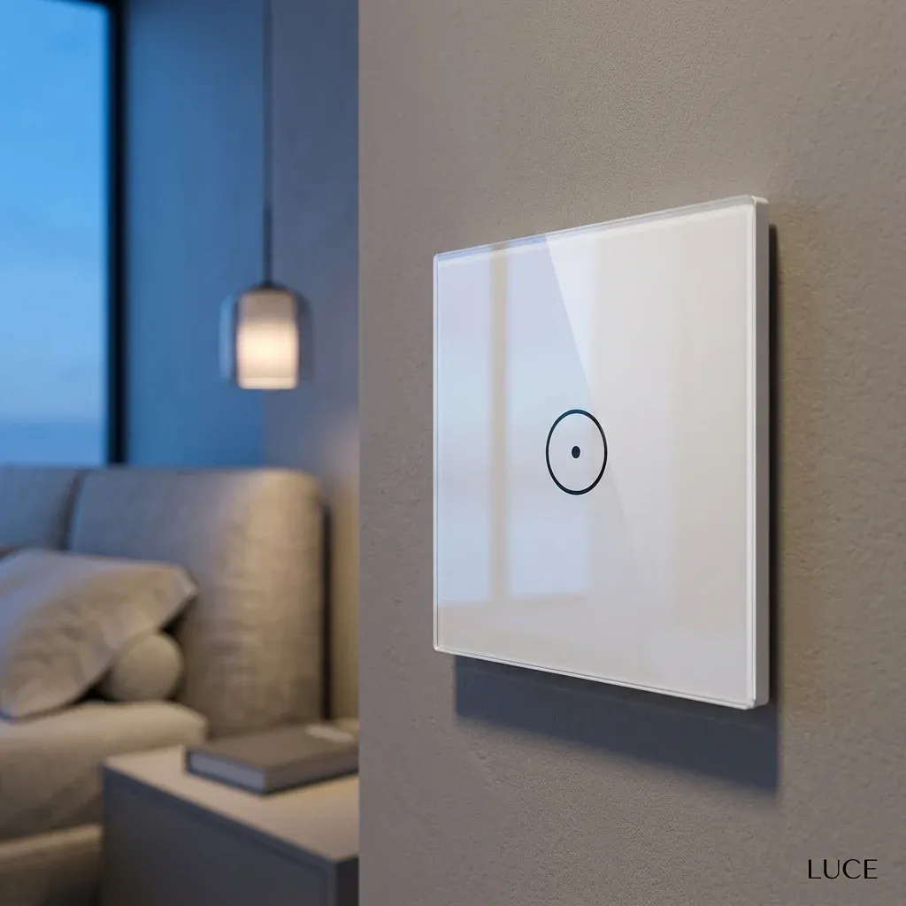 מתג תאורה חכם לבן על קיר חדר שינה