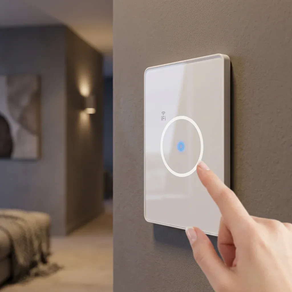 מתג תאורה חכם לבן על קיר מודרני