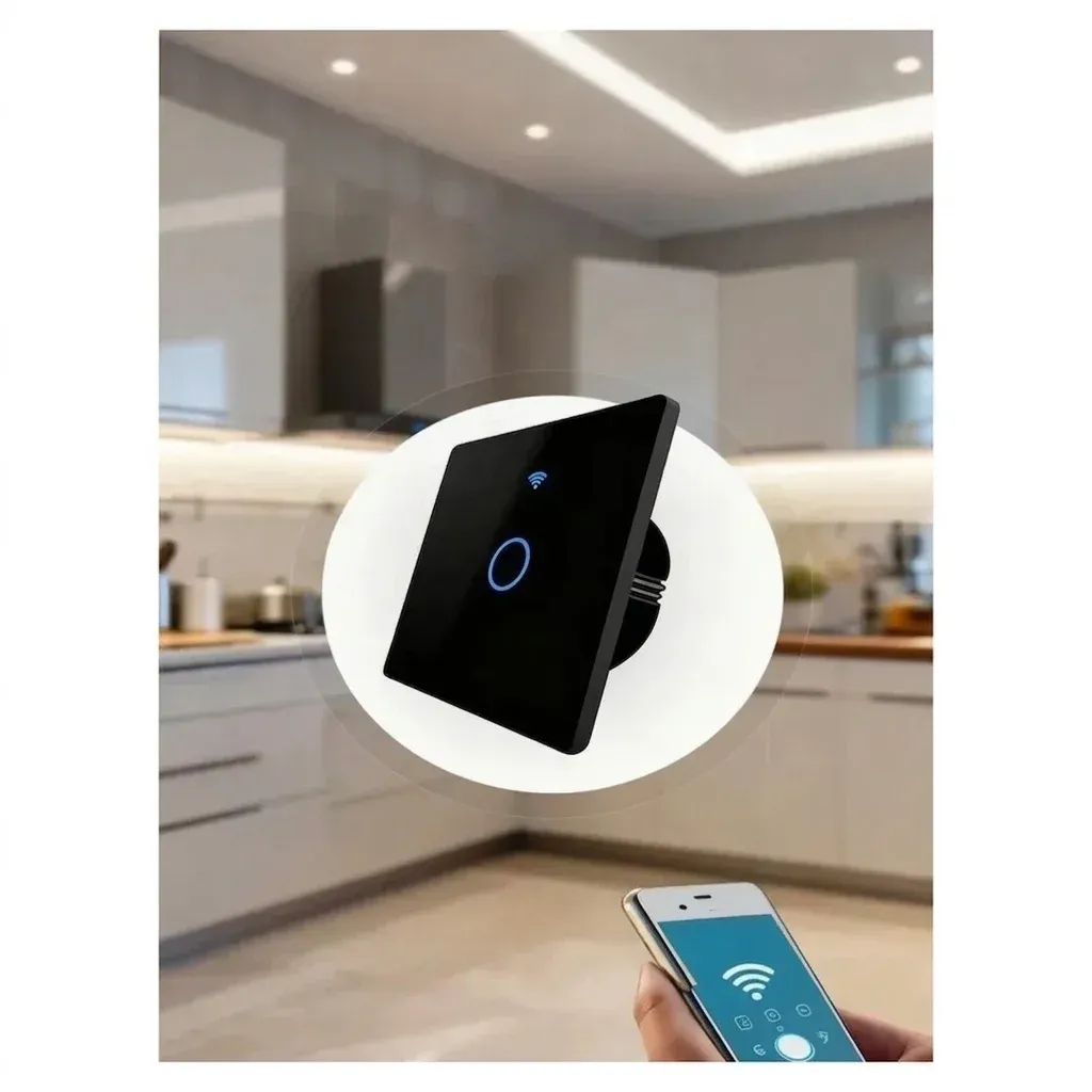 מתג מגע חכם שחור עם תאורת לד כחולה