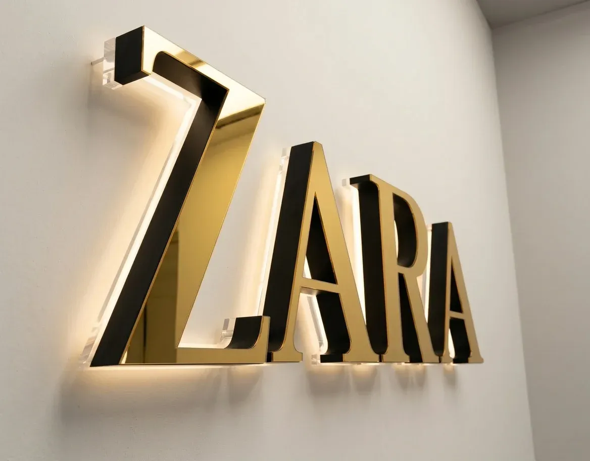 שלט אותיות אקריליק מואר ZARA זהב